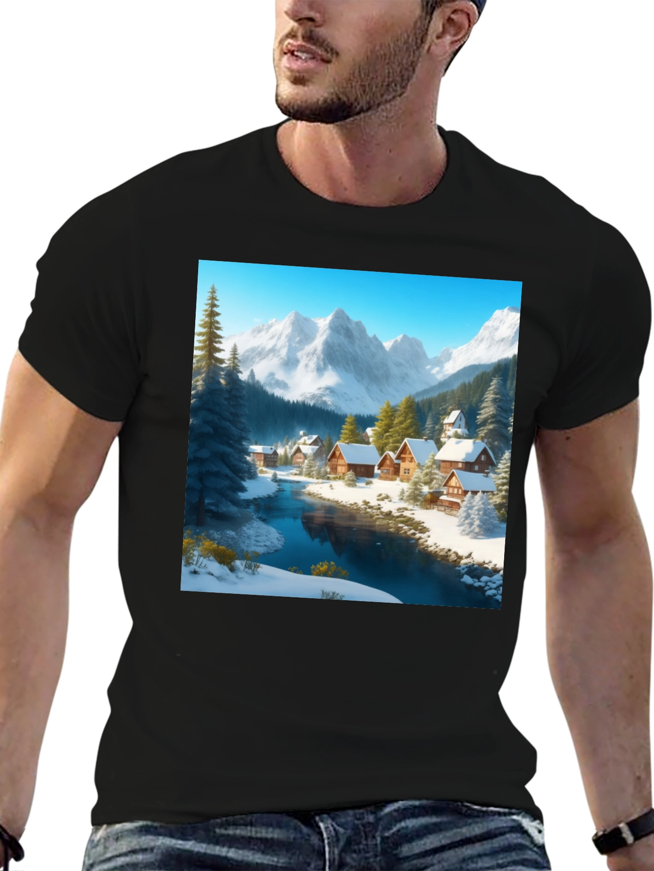 Winter Village Graphic Tee - Cozy Cabin Scene