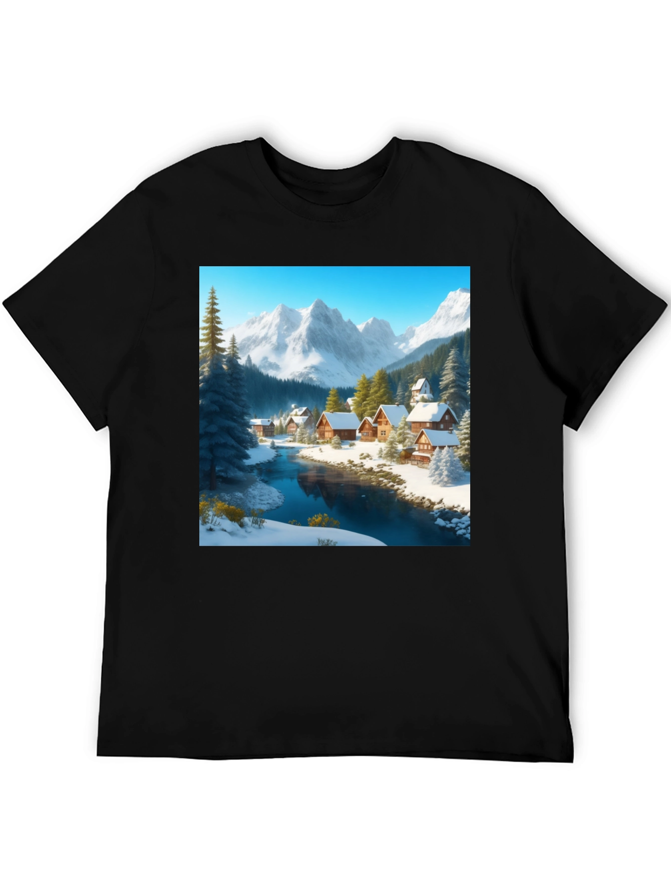 Winter Village Graphic Tee - Cozy Cabin Scene