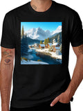 Winter Village Graphic Tee - Cozy Cabin Scene