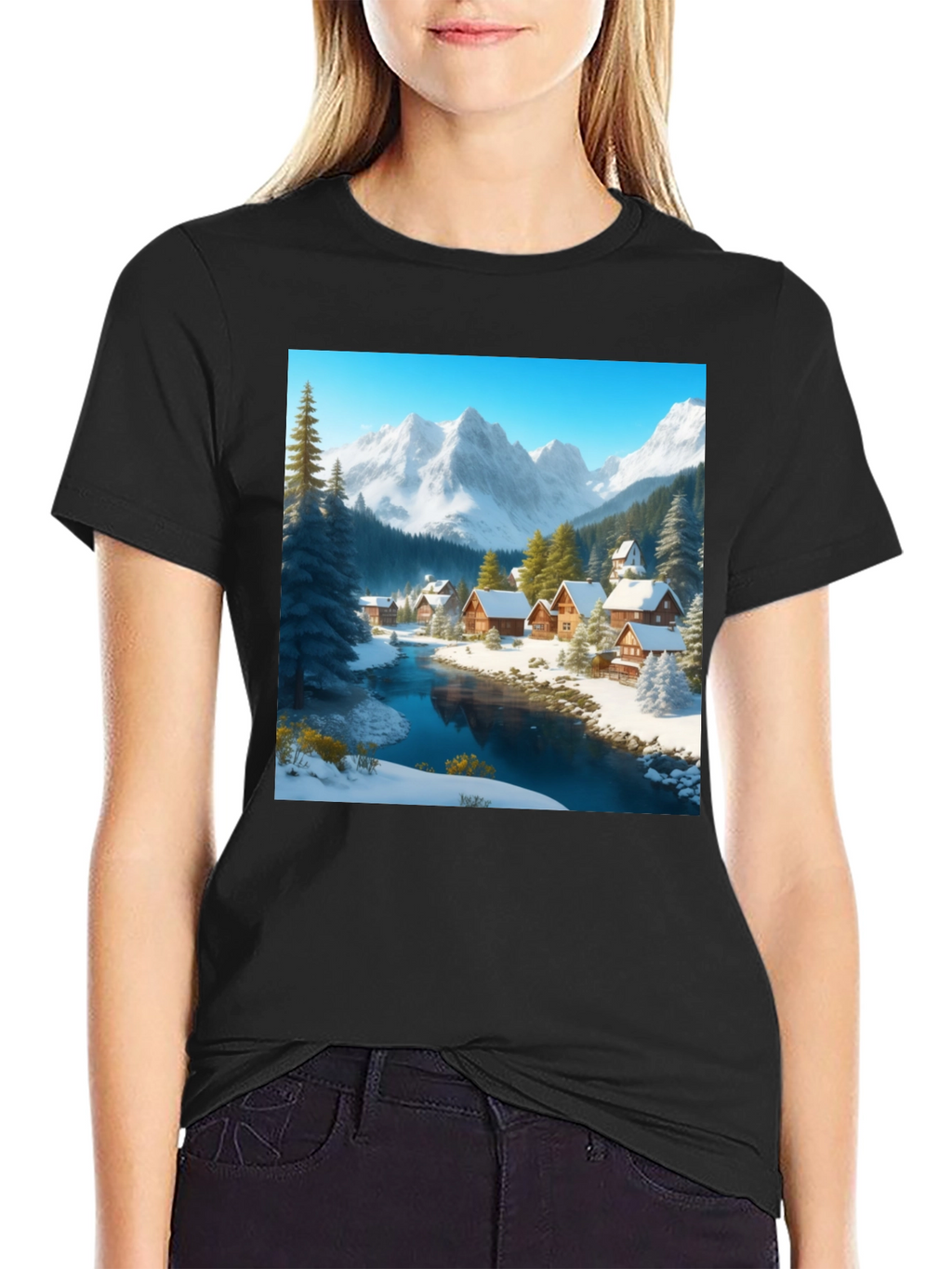 Winter Village Graphic Tee - Cozy Cabin Scene