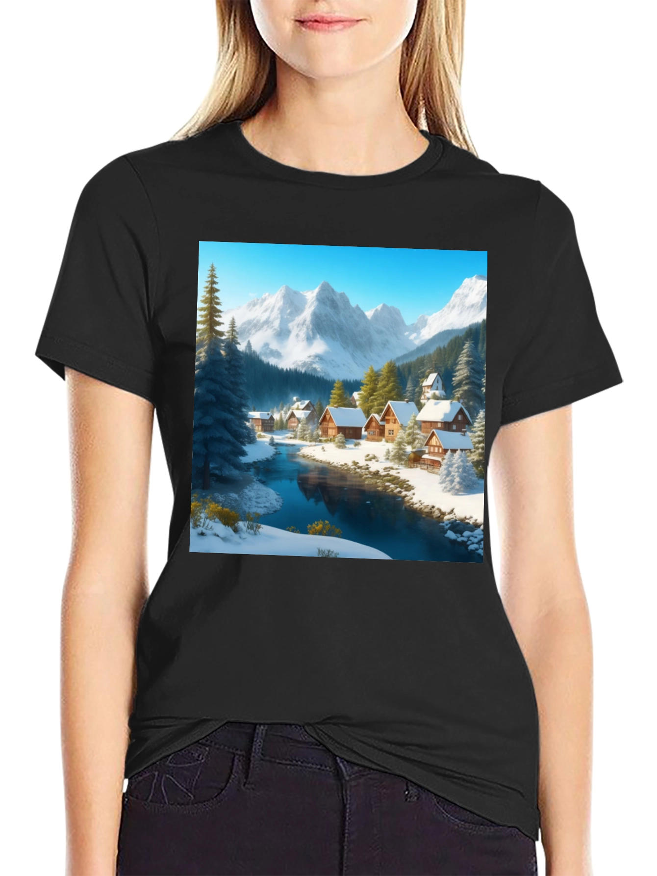 Winter Village Graphic Tee - Cozy Cabin Scene