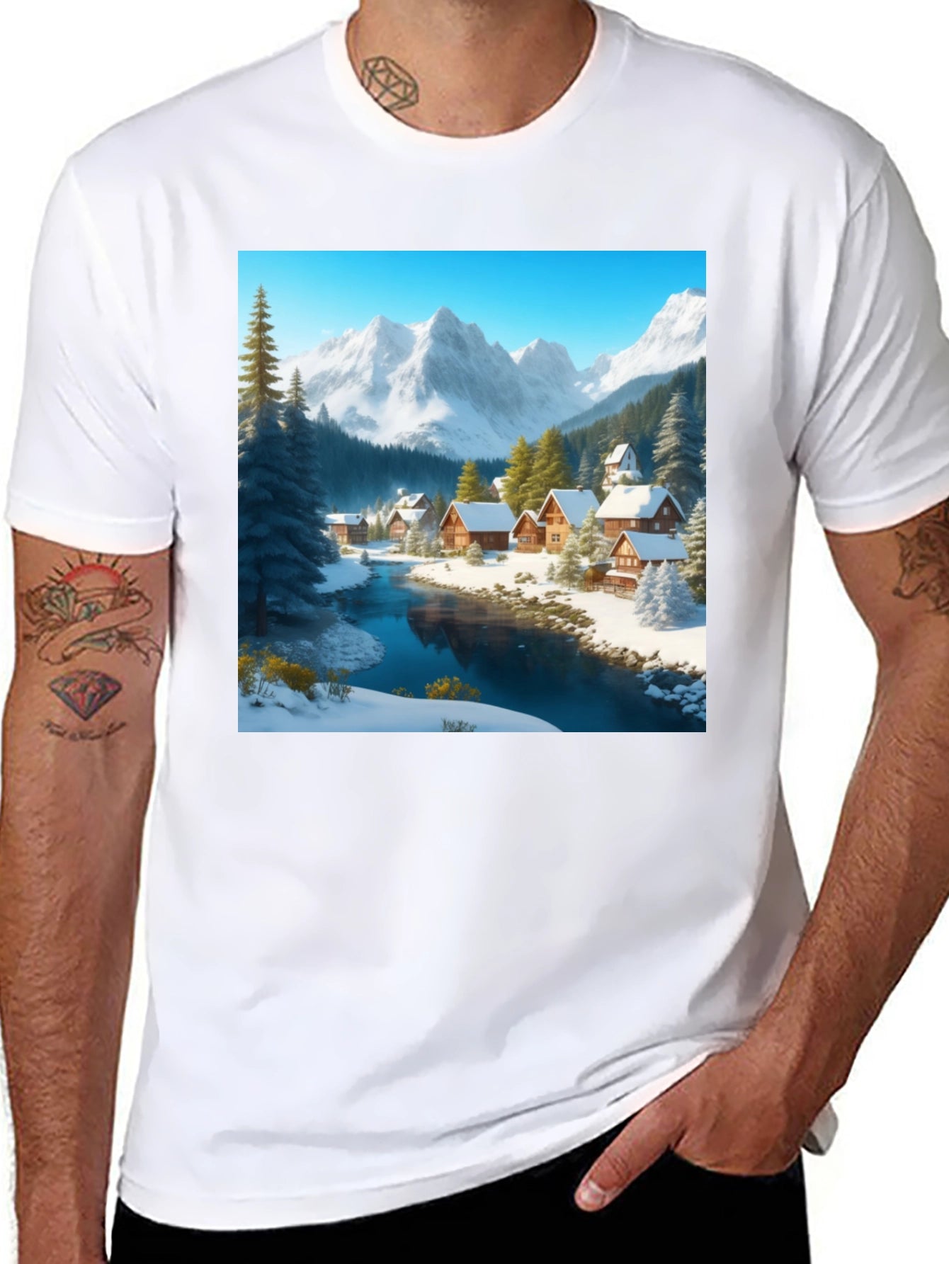 Winter Village Graphic Tee - Cozy Cabin Scene