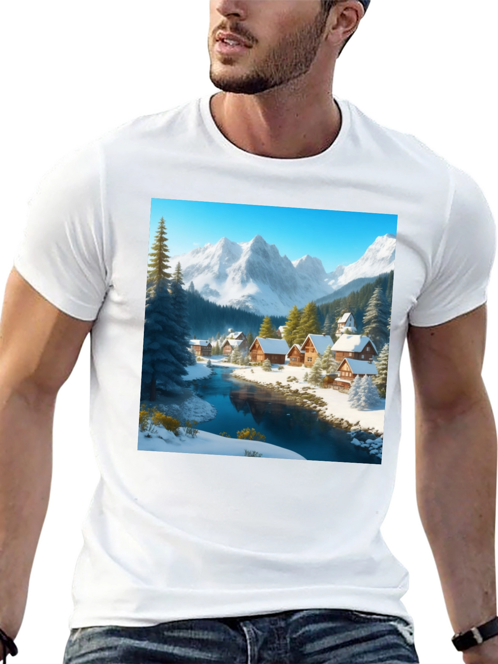 Winter Village Graphic Tee - Cozy Cabin Scene