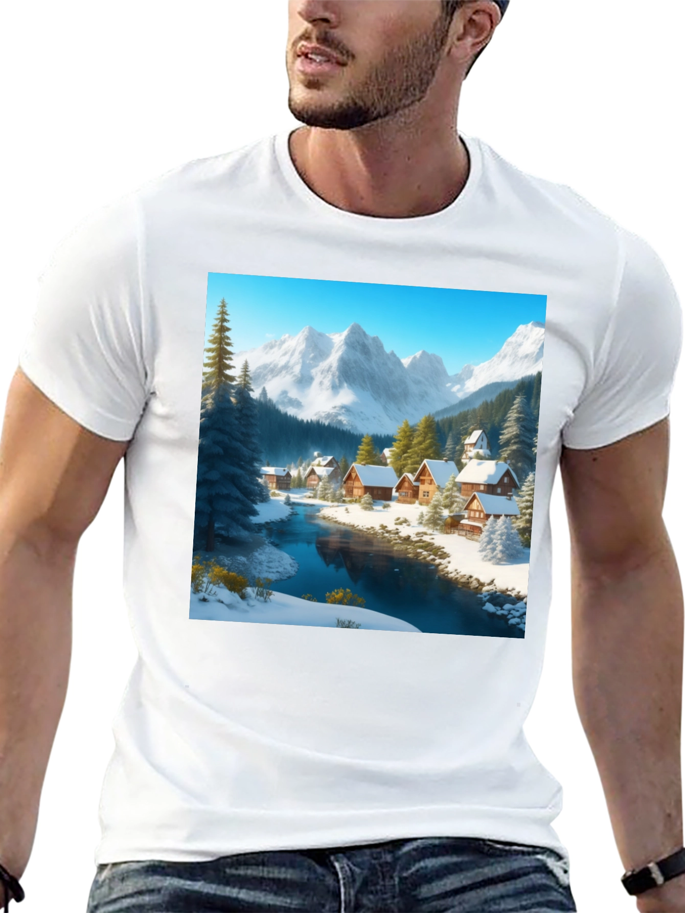 Winter Village Graphic Tee - Cozy Cabin Scene