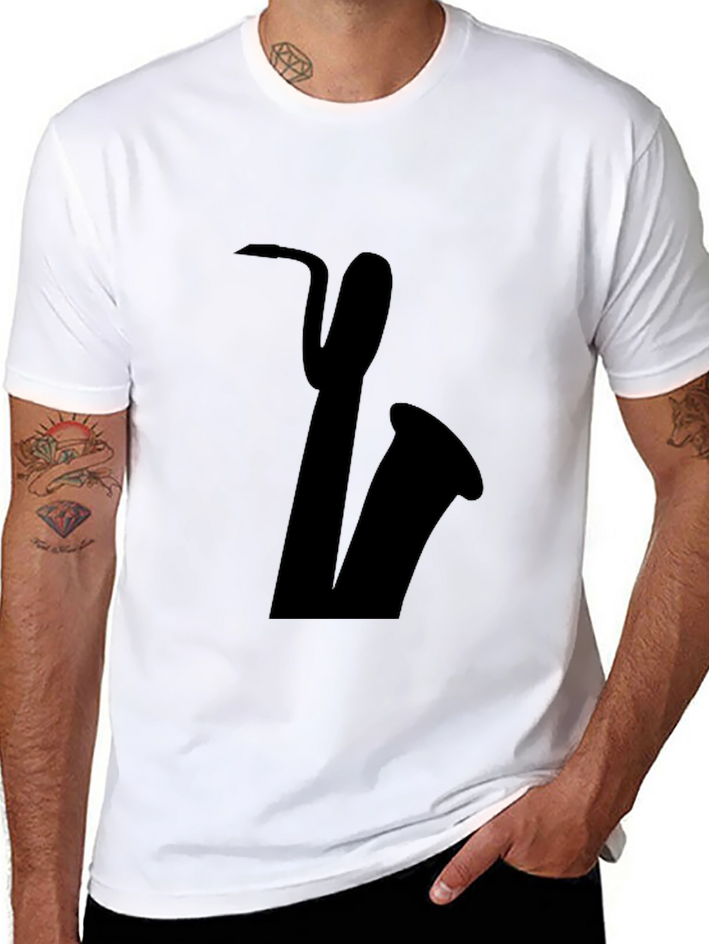 Saxophone Graphic Tee - Black Cotton Casual