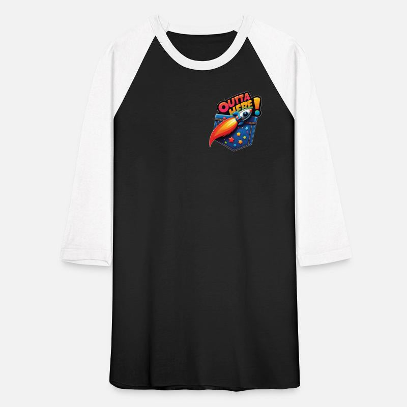 A colorful rocket blasts out of a denim pocket