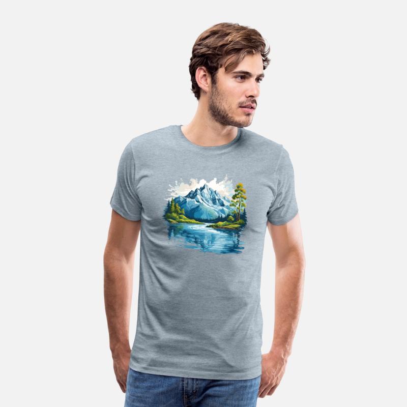 A mountain with trees and water T-shirt