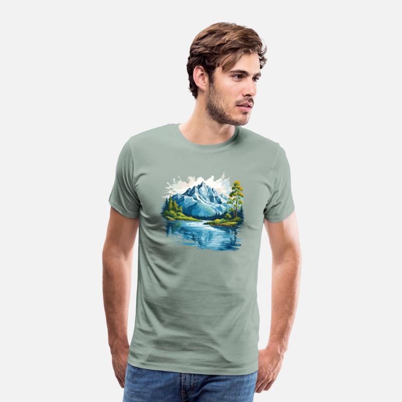 A mountain with trees and water T-shirt