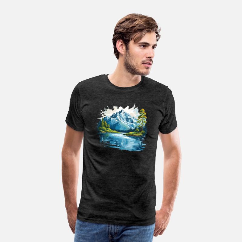 A mountain with trees and water T-shirt