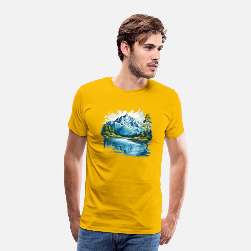 A mountain with trees and water T-shirt
