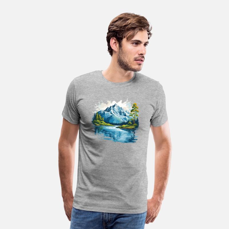 A mountain with trees and water T-shirt