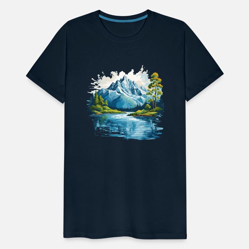 A mountain with trees and water T-shirt