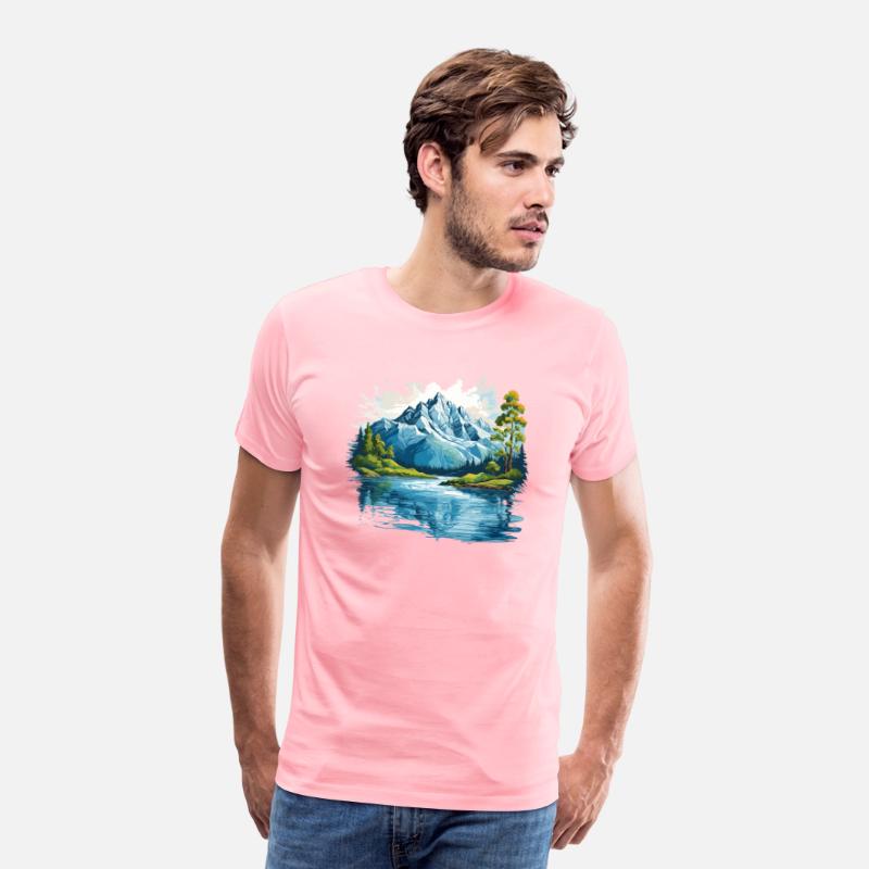 A mountain with trees and water T-shirt