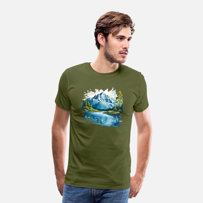 A mountain with trees and water T-shirt