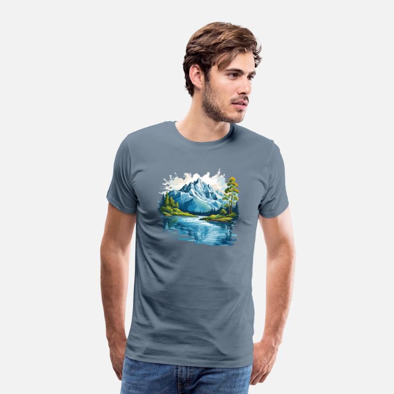 A mountain with trees and water T-shirt