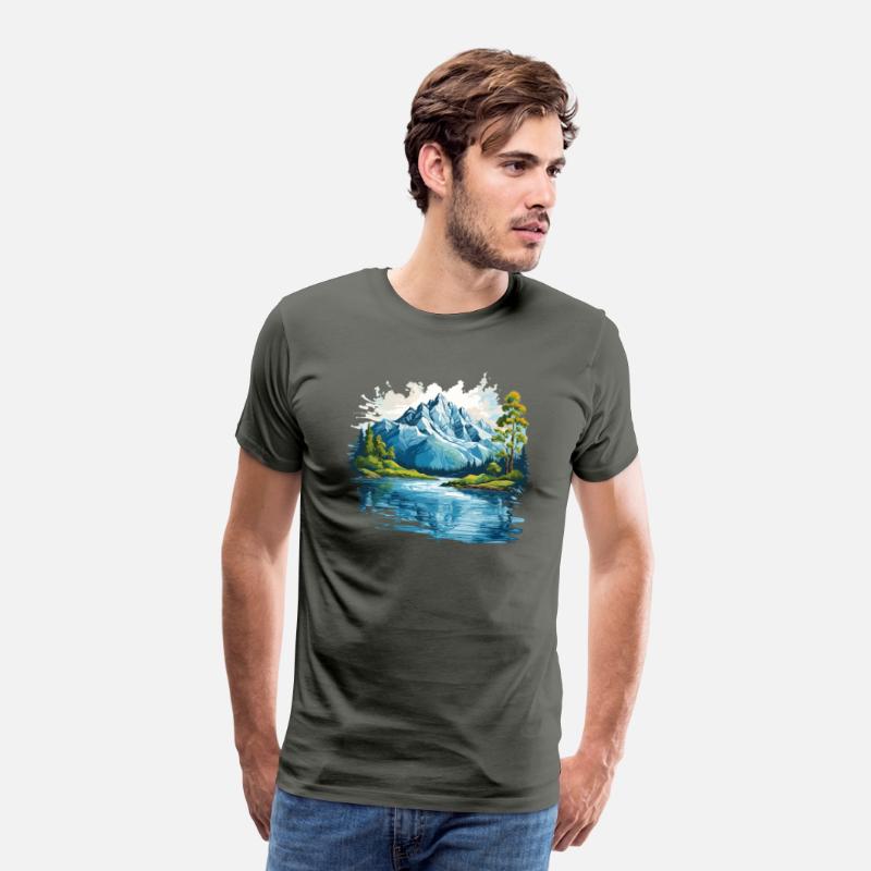A mountain with trees and water T-shirt