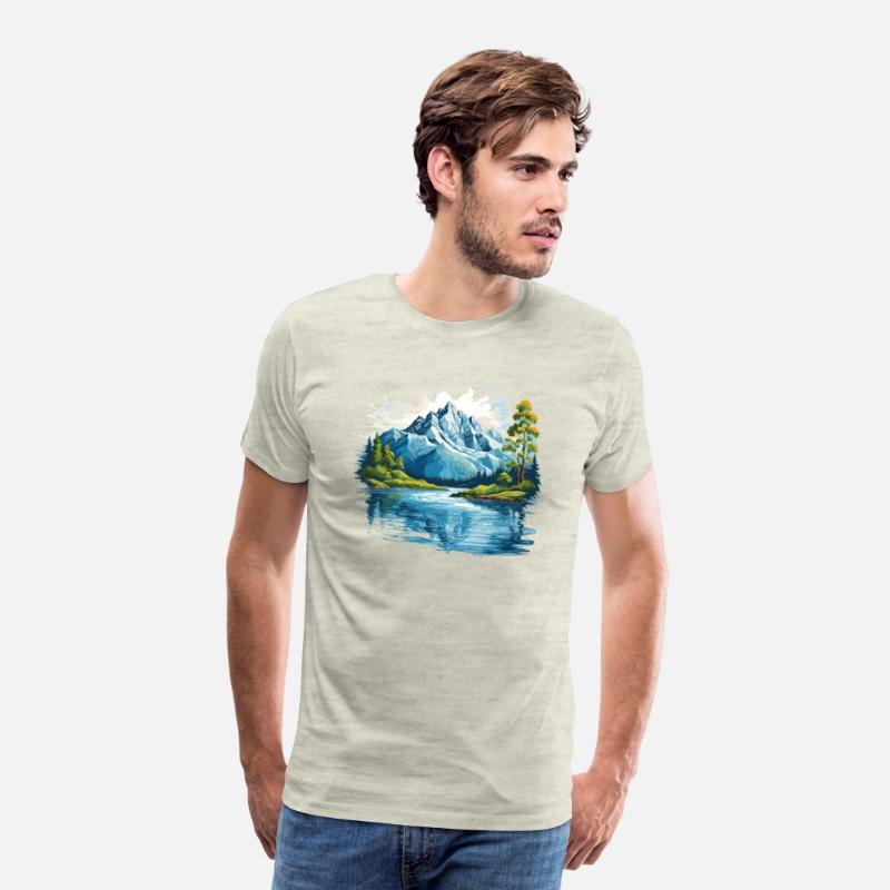 A mountain with trees and water T-shirt