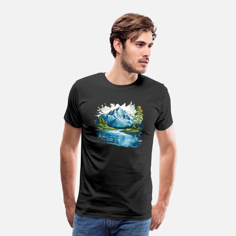 A mountain with trees and water T-shirt