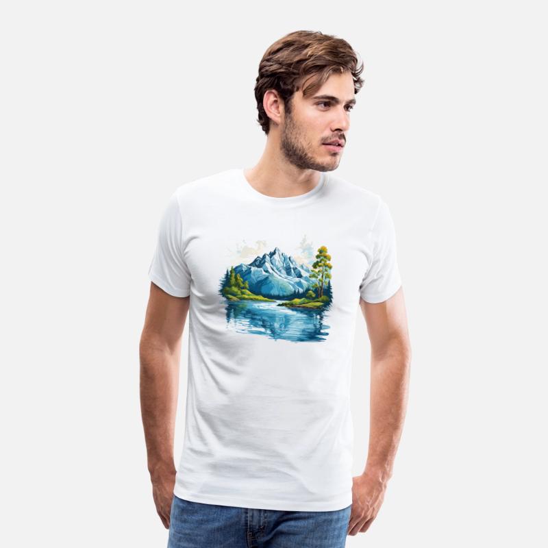 A mountain with trees and water T-shirt