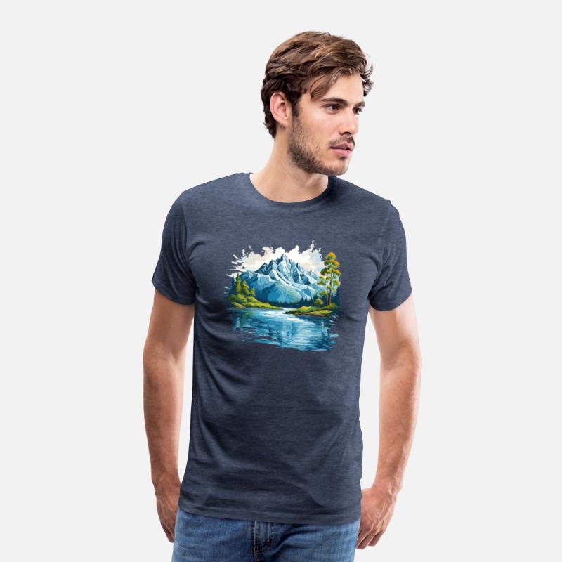A mountain with trees and water T-shirt
