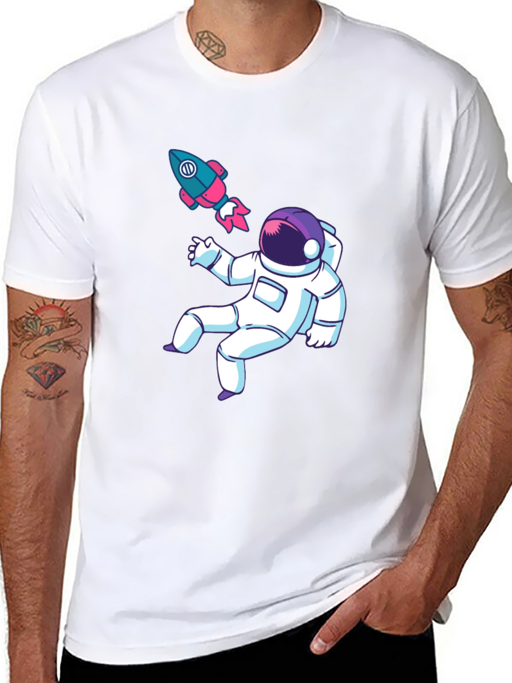 Astronaut & Rocket Graphic Tee - Black Cotton T-Shirt