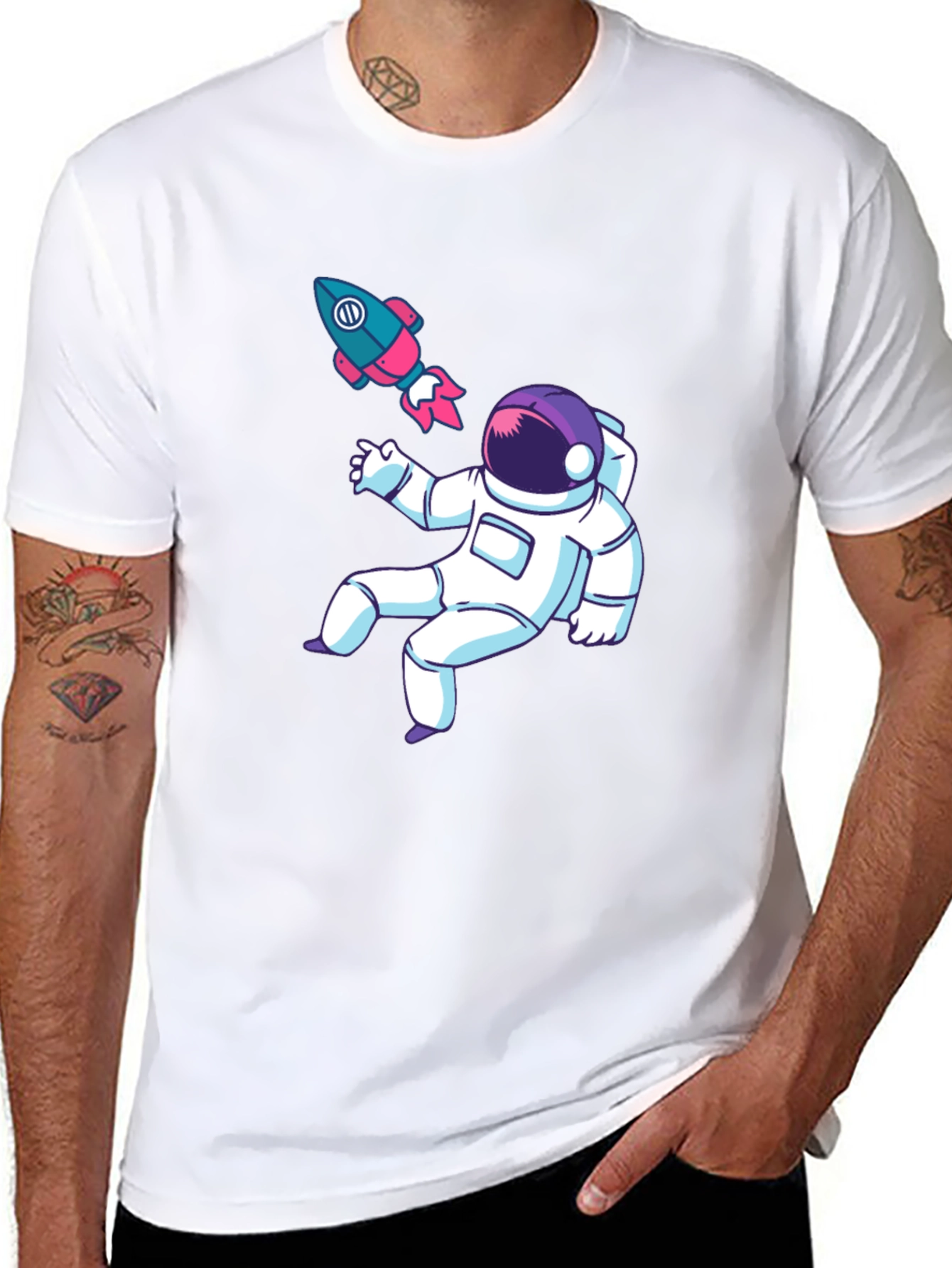Astronaut & Rocket Graphic Tee - Black Cotton T-Shirt