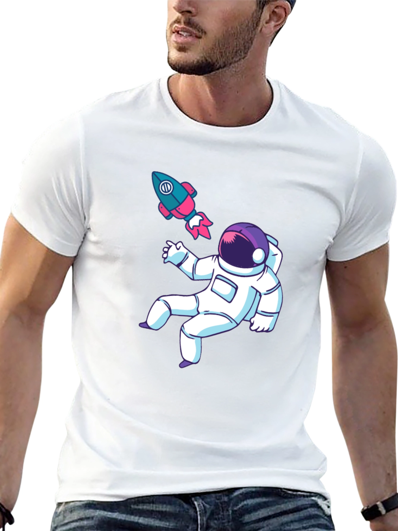 Astronaut & Rocket Graphic Tee - Black Cotton T-Shirt