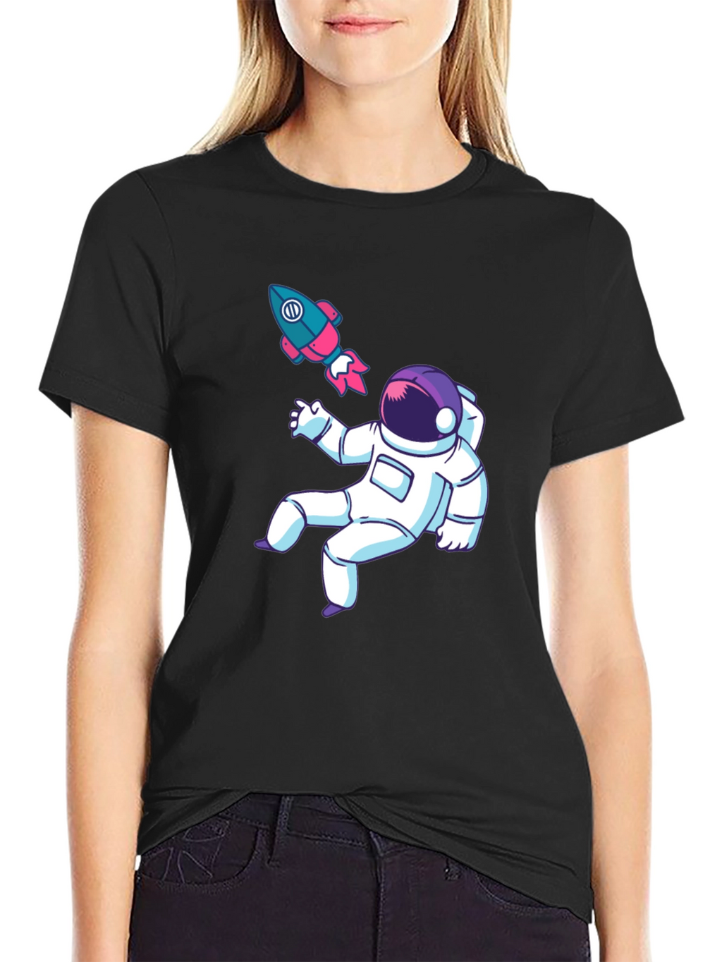 Astronaut & Rocket Graphic Tee - Black Cotton T-Shirt