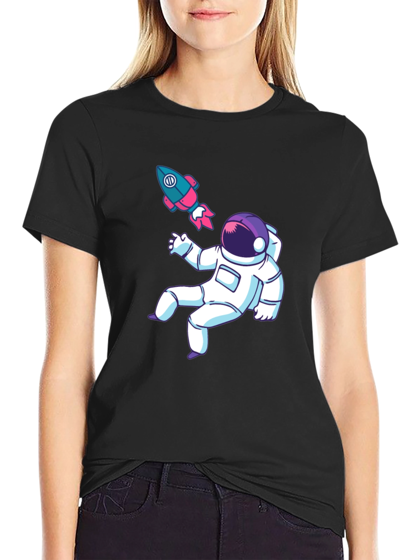 Astronaut & Rocket Graphic Tee - Black Cotton T-Shirt