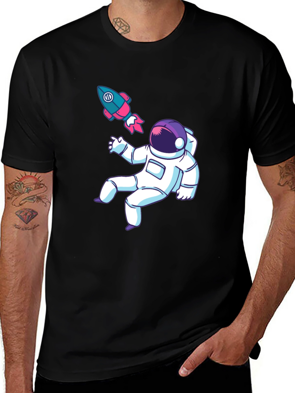Astronaut & Rocket Graphic Tee - Black Cotton T-Shirt