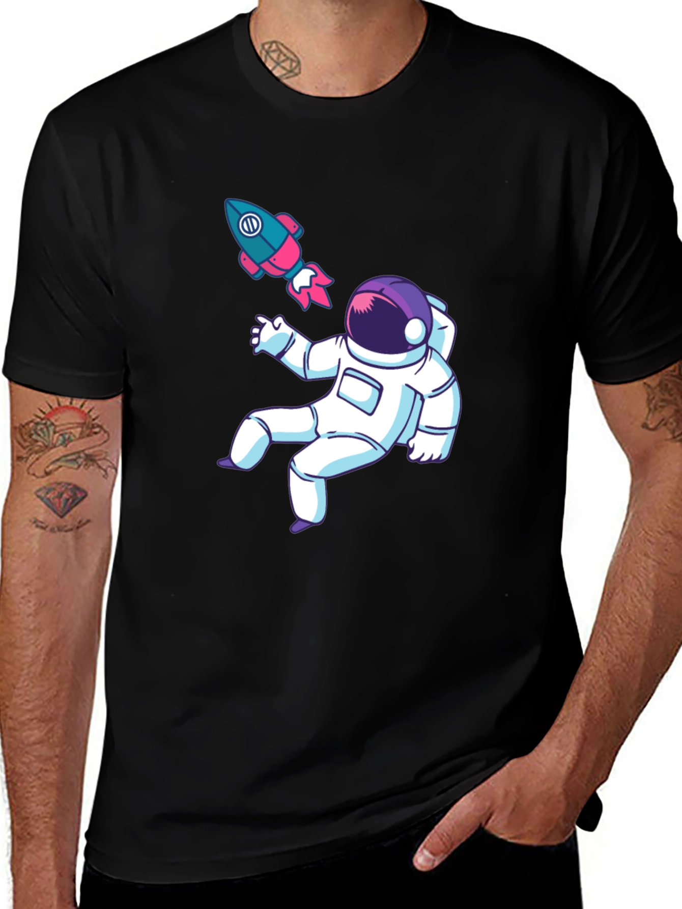 Astronaut & Rocket Graphic Tee - Black Cotton T-Shirt
