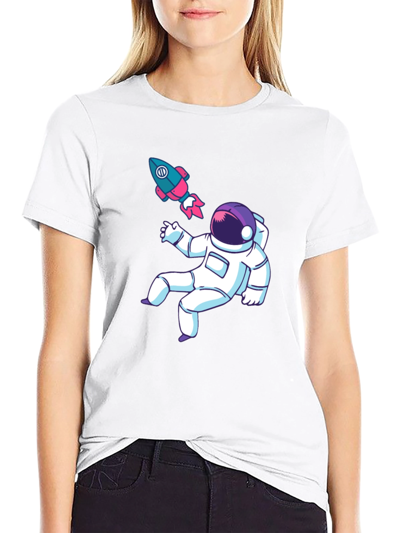 Astronaut & Rocket Graphic Tee - Black Cotton T-Shirt