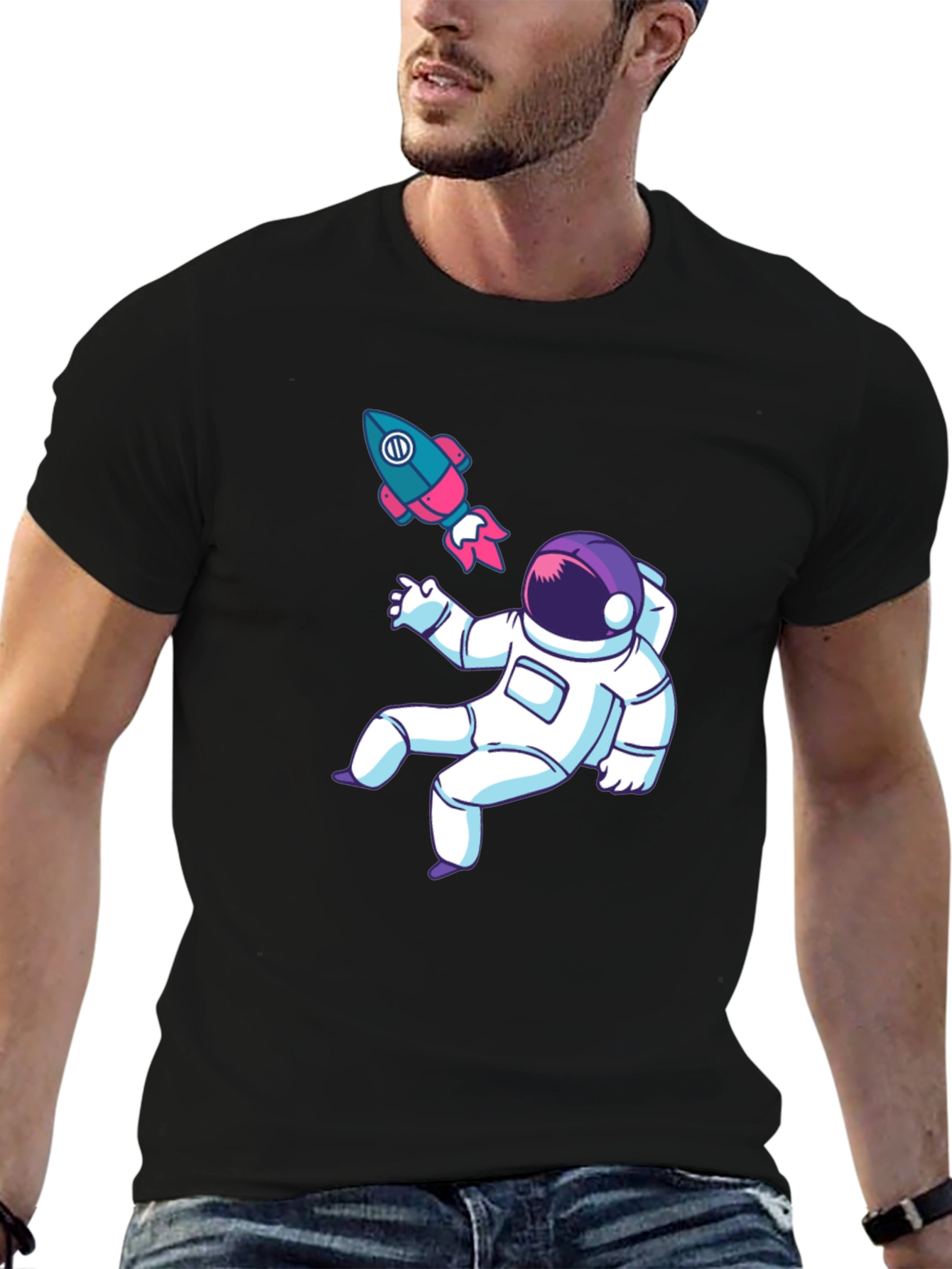 Astronaut & Rocket Graphic Tee - Black Cotton T-Shirt