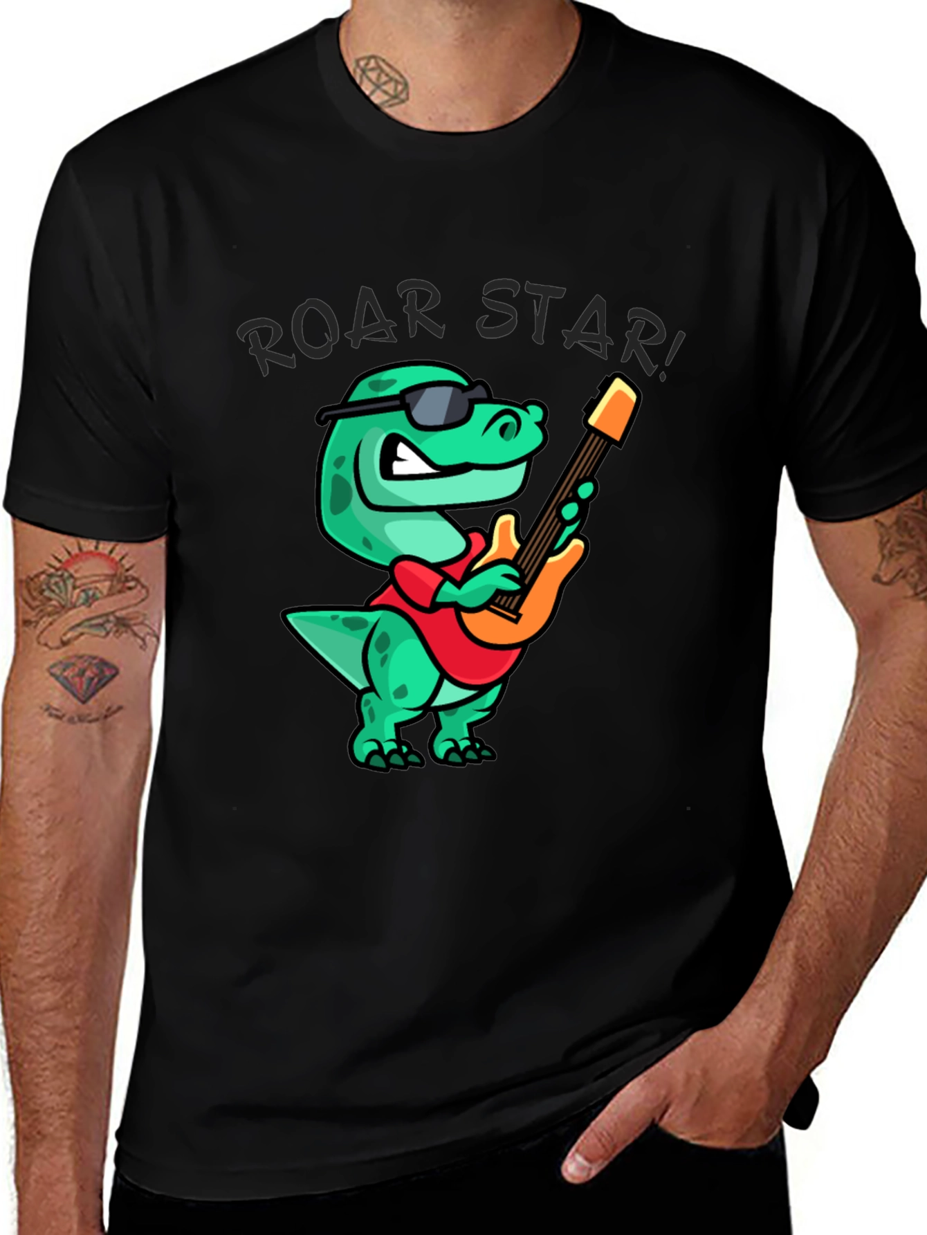 Roar Star Dino Guitarist Black T-Shirt