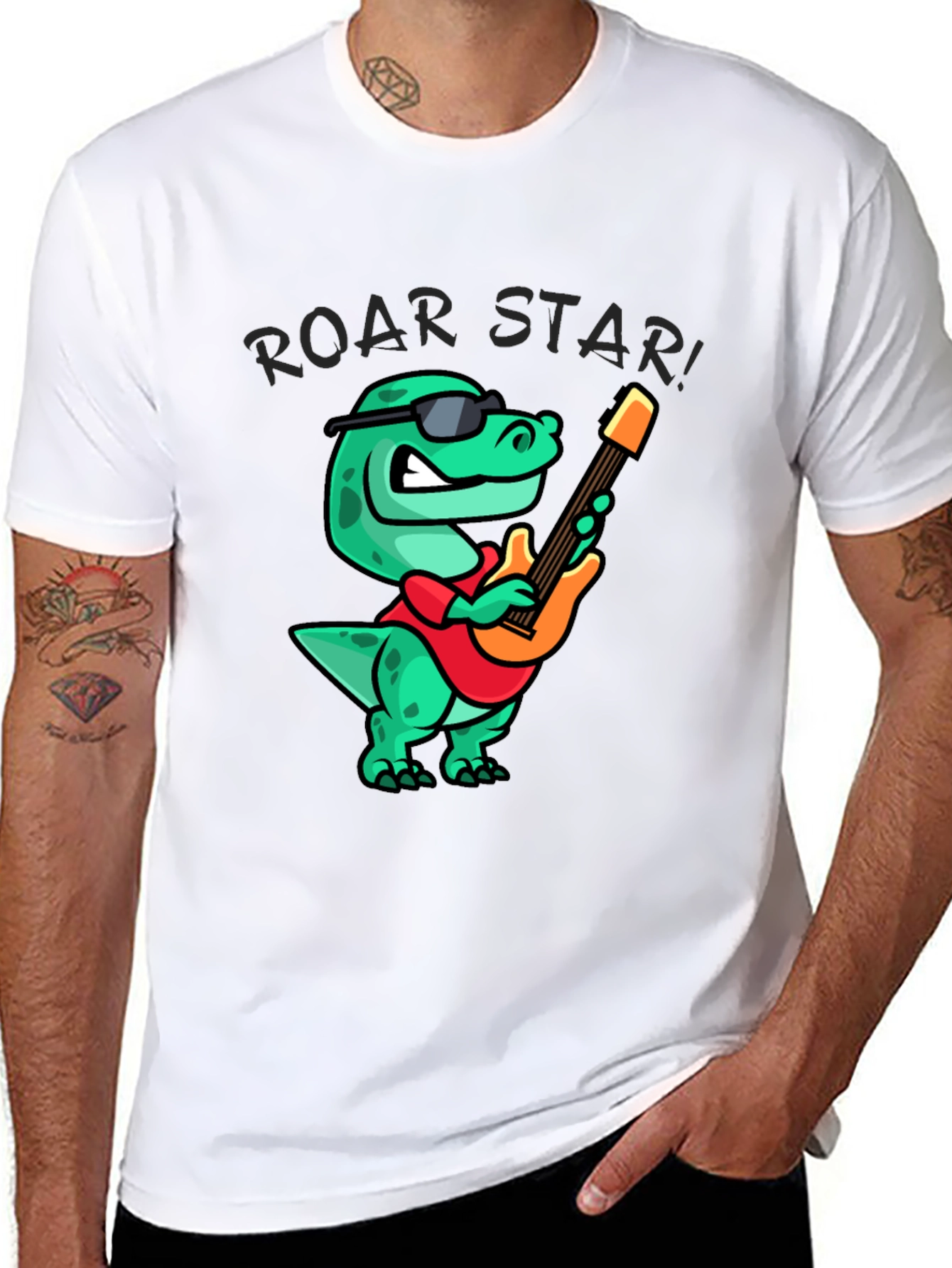 Roar Star Dino Guitarist Black T-Shirt