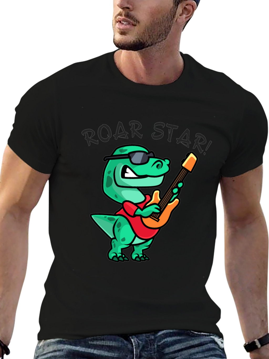 Roar Star Dino Guitarist Black T-Shirt