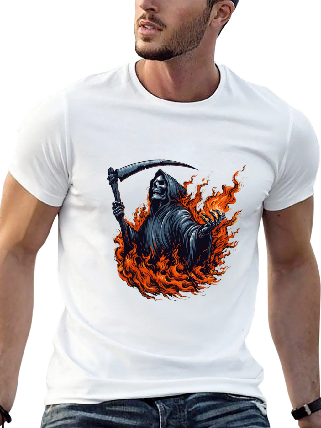 Grim Reaper Fire Graphic Tee - Black Cotton T-Shirt