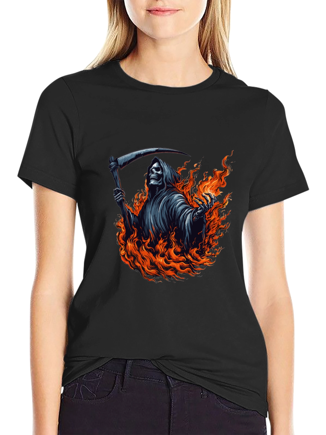 Grim Reaper Fire Graphic Tee - Black Cotton T-Shirt