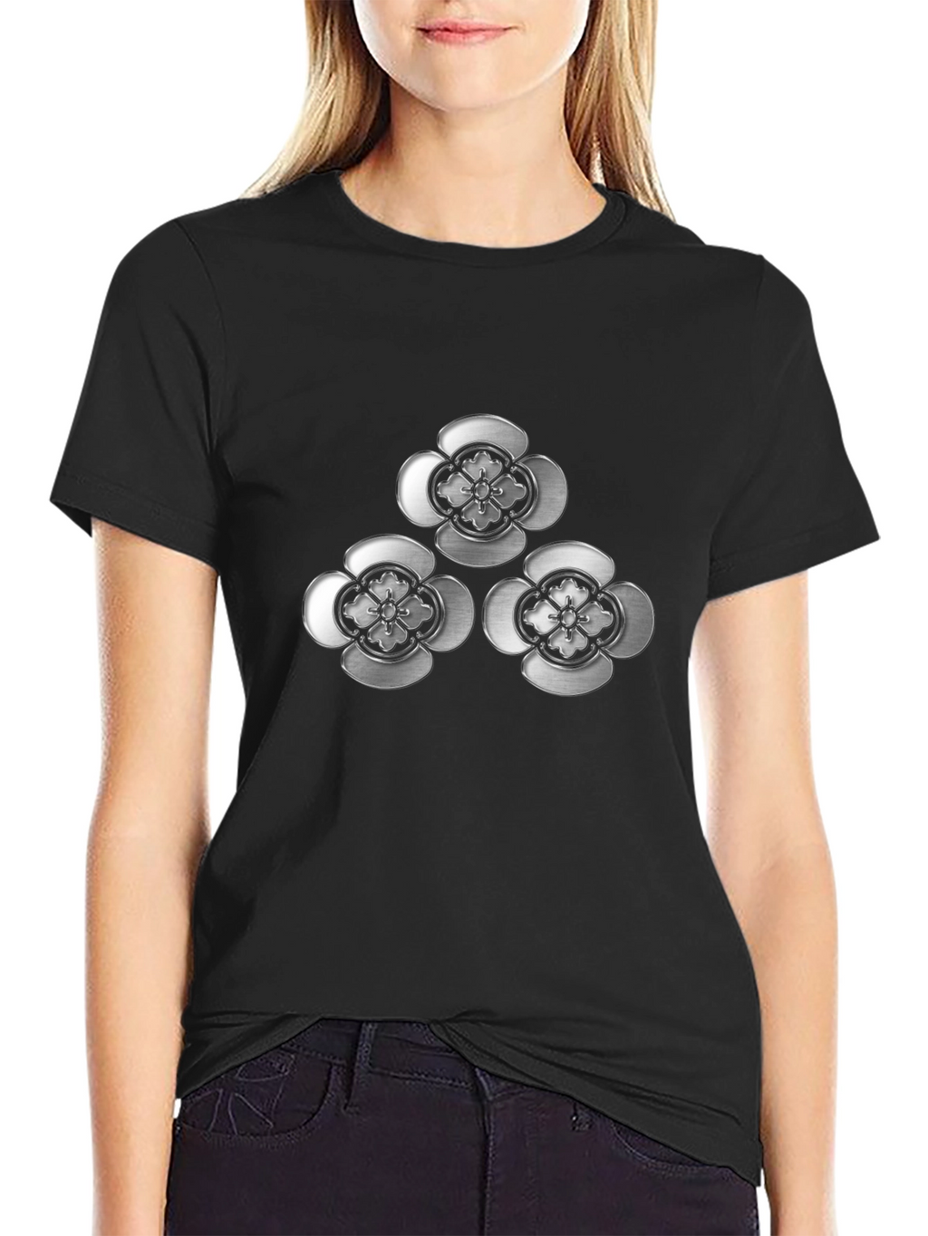 Elegant Floral Emblem Black T-Shirt