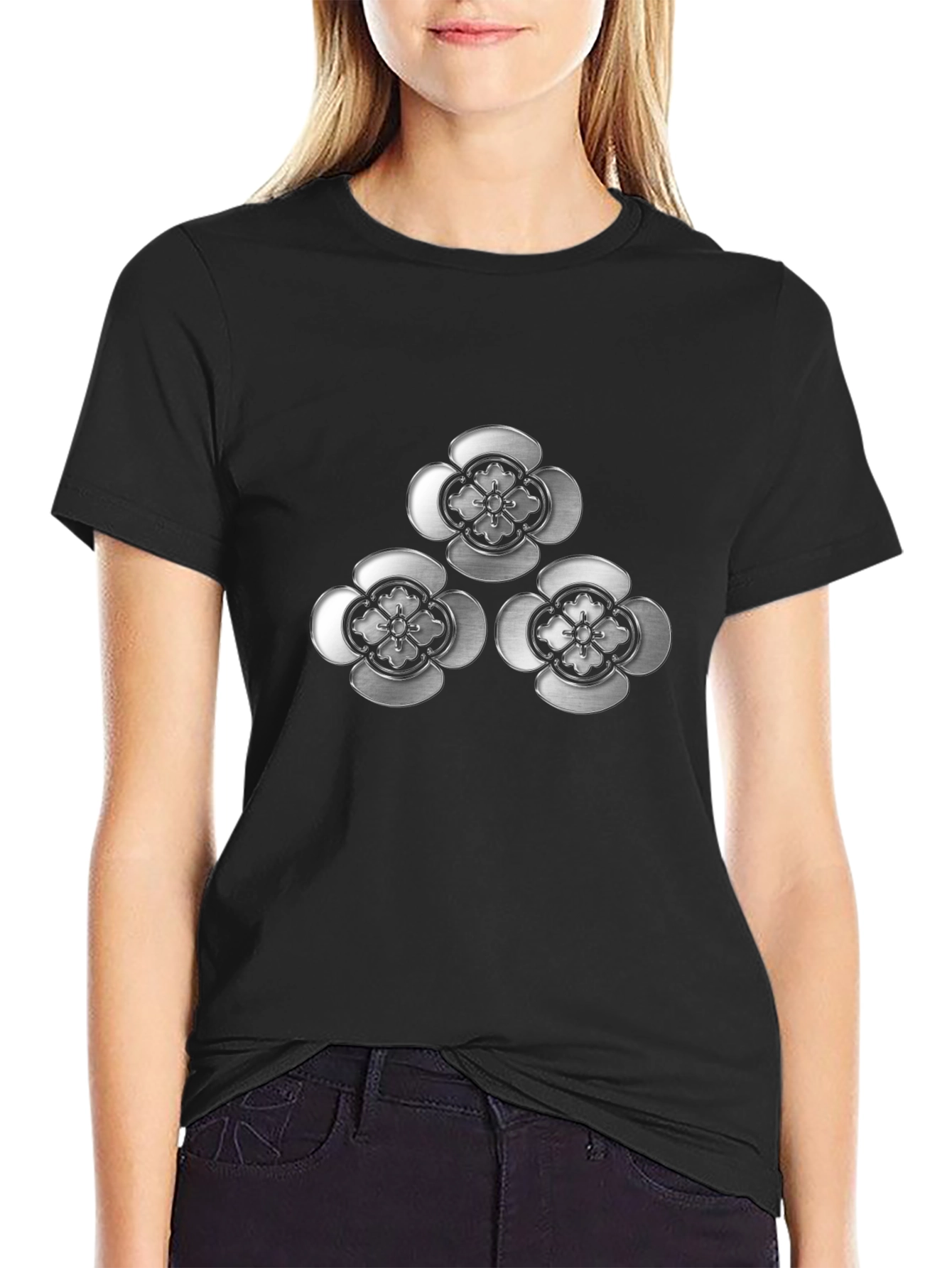 Elegant Floral Emblem Black T-Shirt