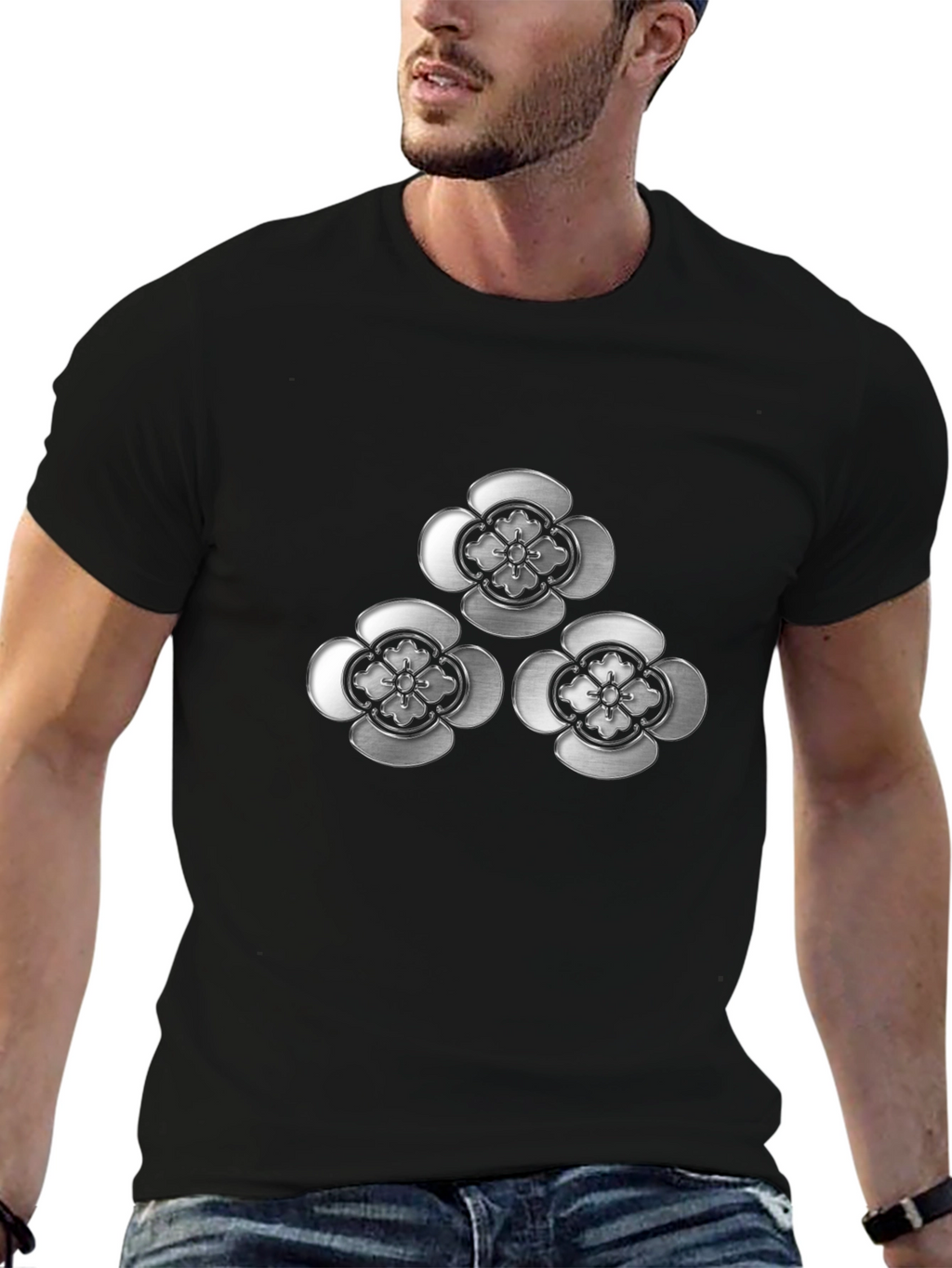 Elegant Floral Emblem Black T-Shirt