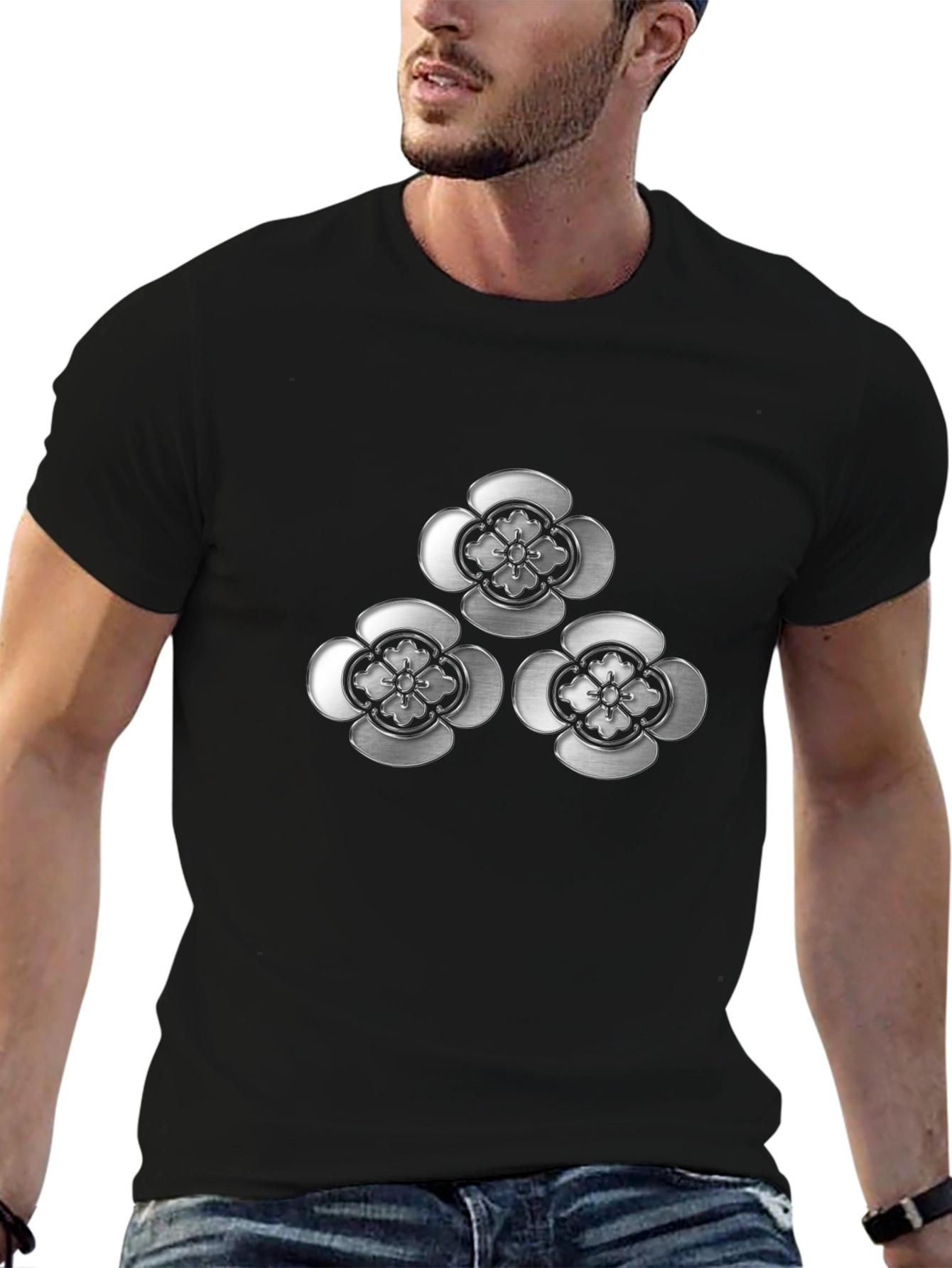 Elegant Floral Emblem Black T-Shirt