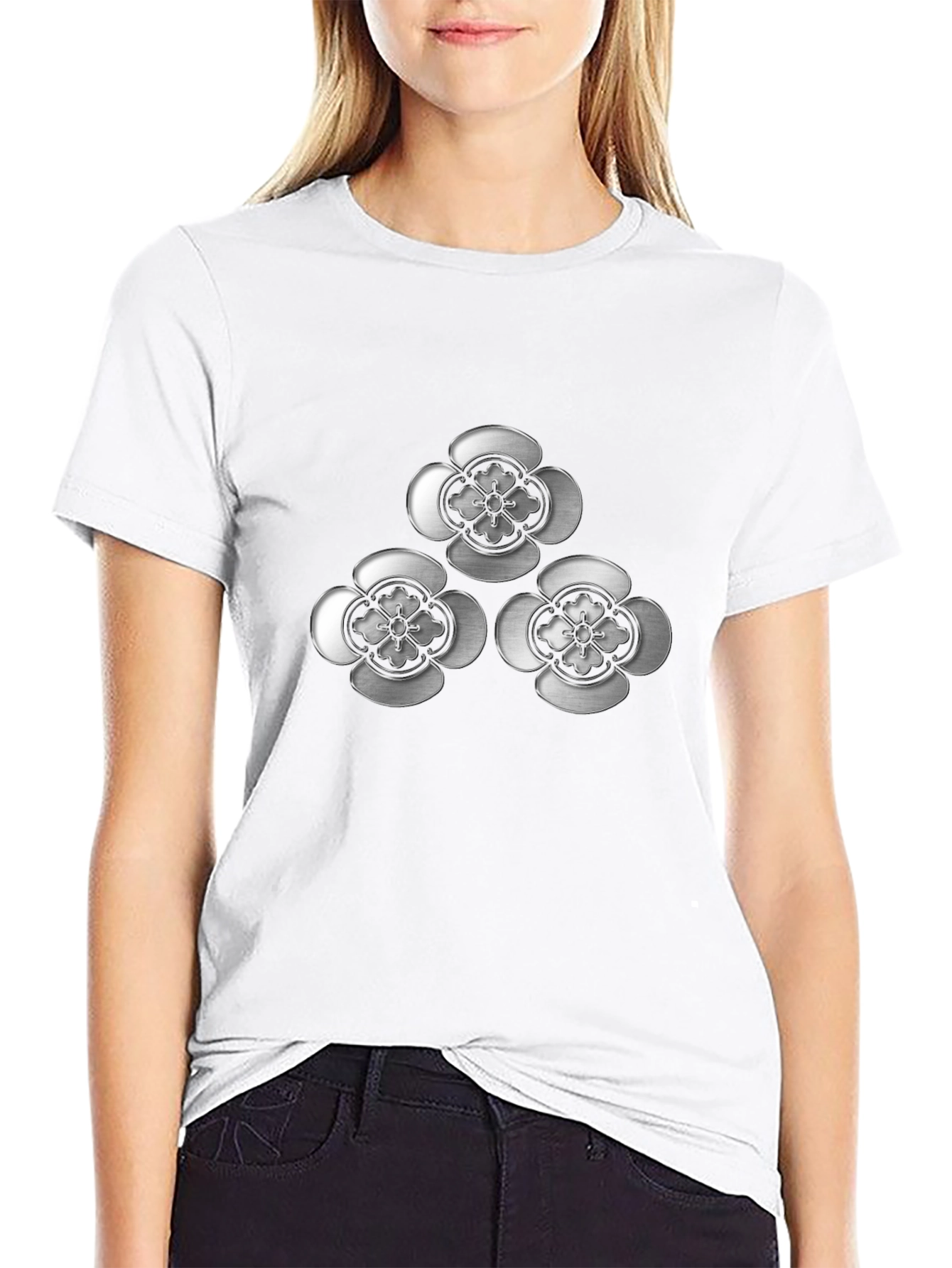 Elegant Floral Emblem Black T-Shirt