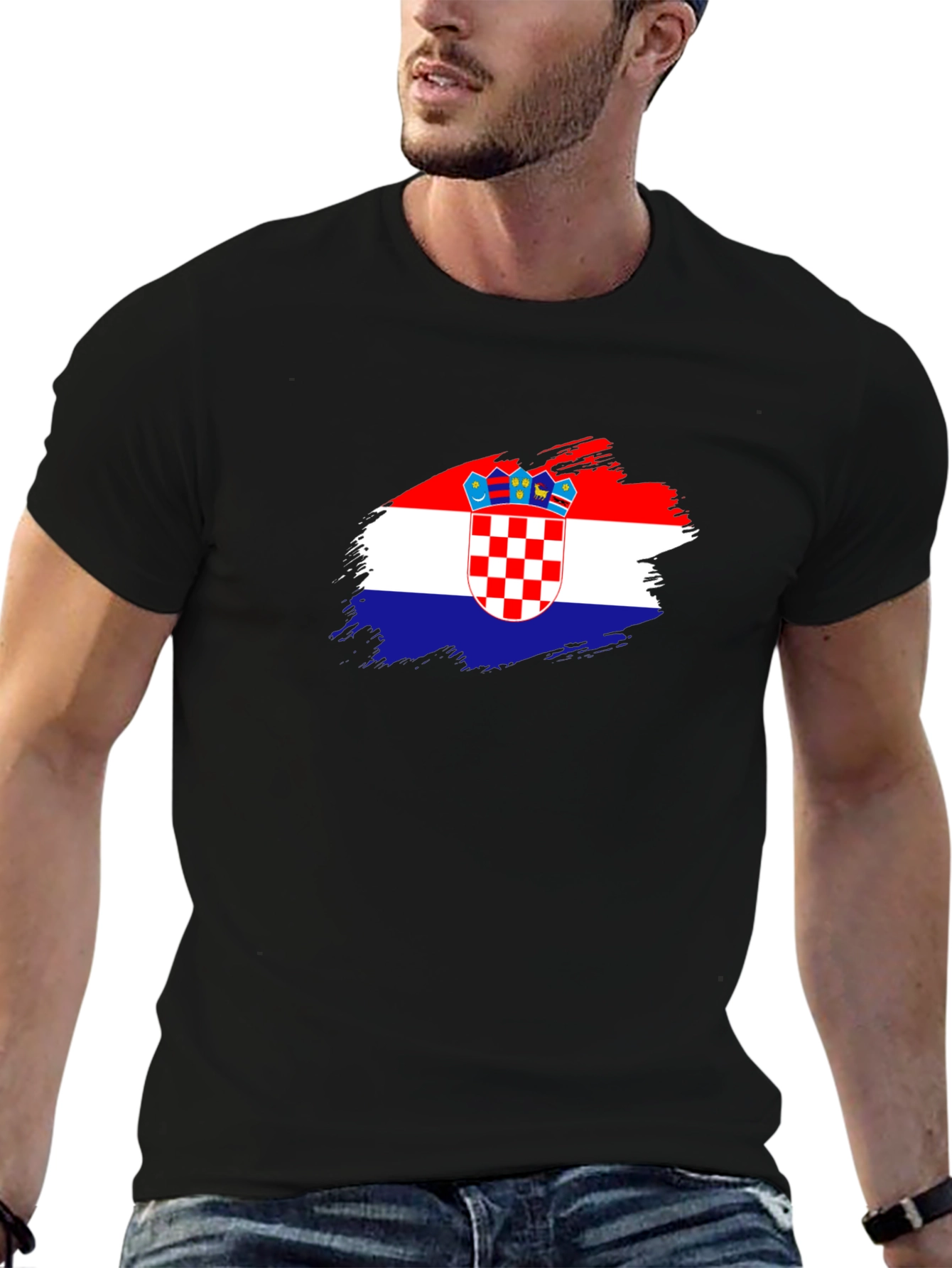 Croatian Flag Brushstroke Mens Black T-Shirt