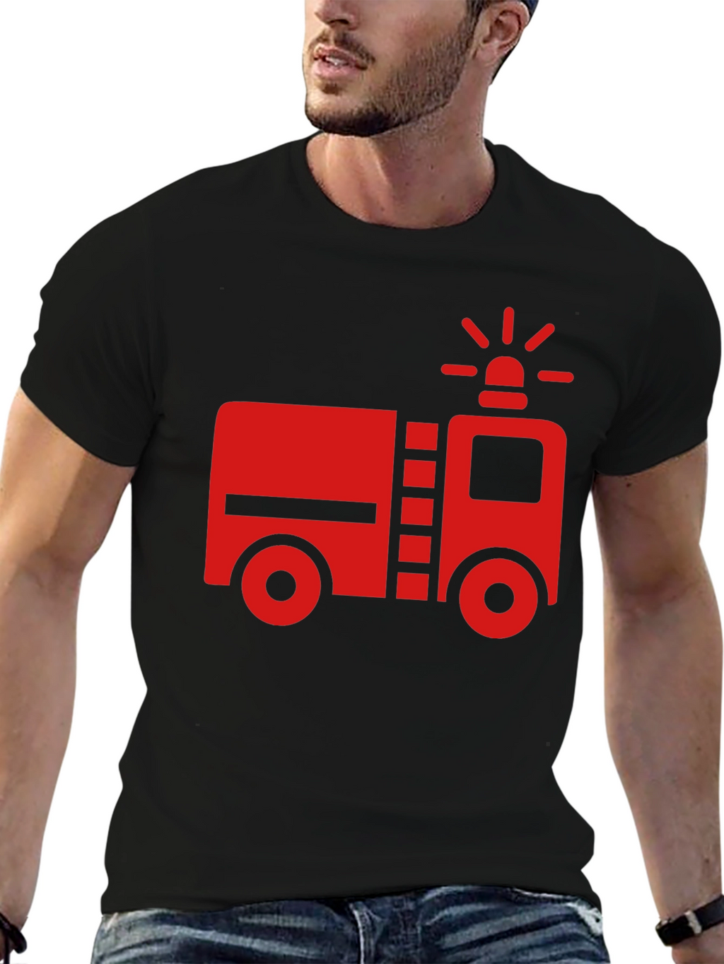 Fire Truck Graphic T-Shirt - Black Cotton Tee