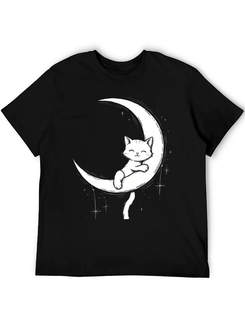 Cute Cat on Moon Graphic Tee - Black
