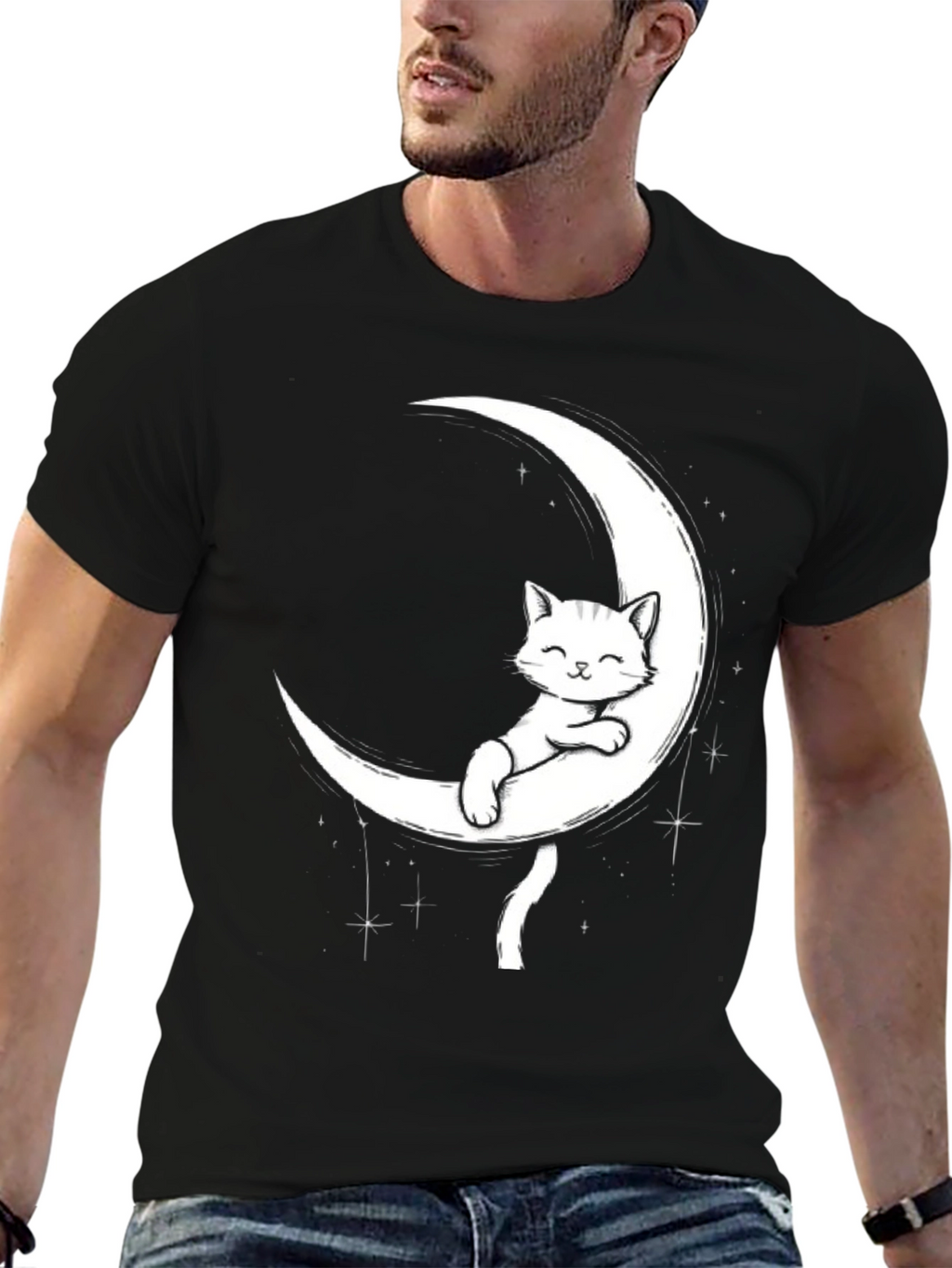 Cute Cat on Moon Graphic Tee - Black