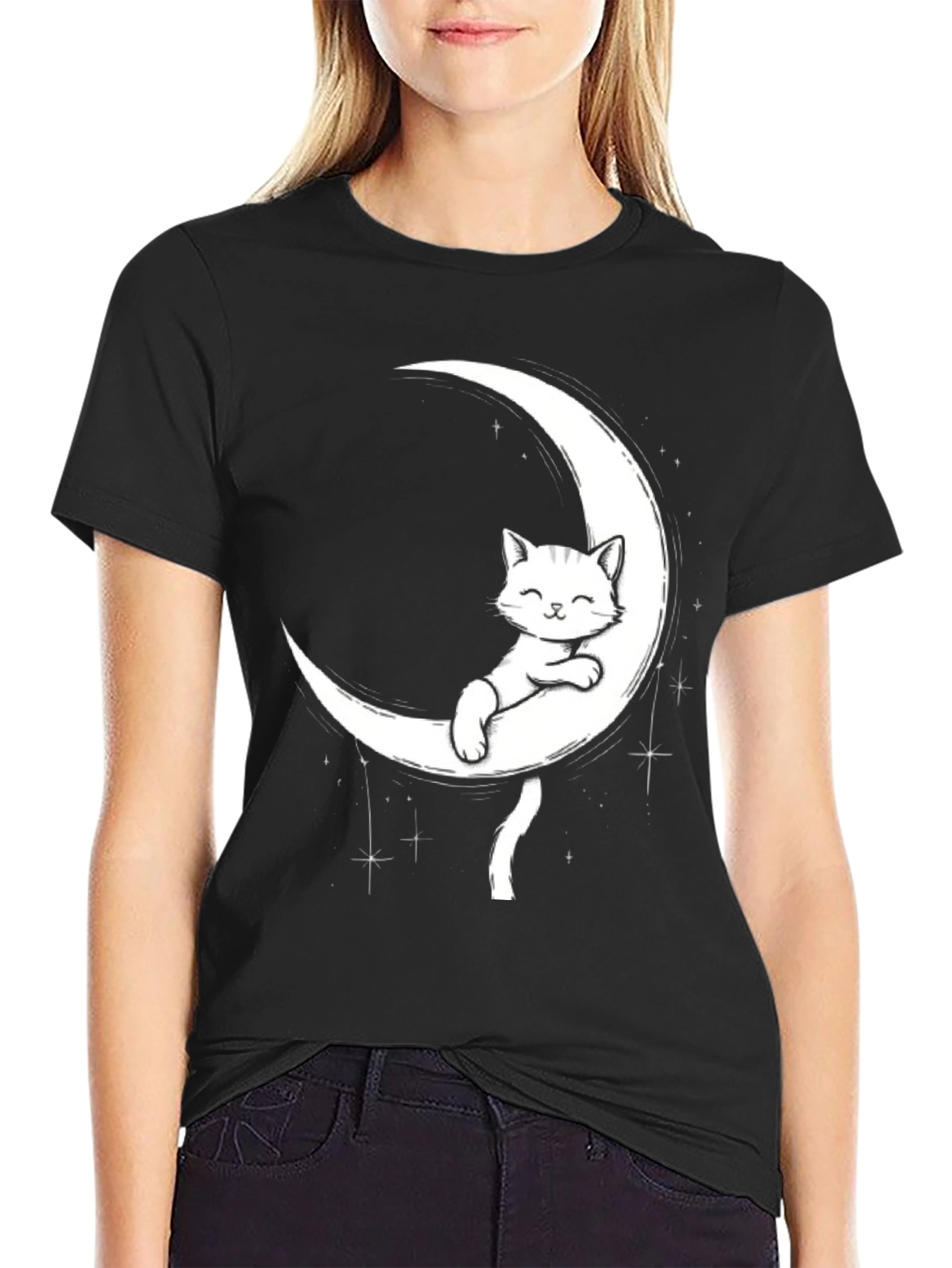 Cute Cat on Moon Graphic Tee - Black