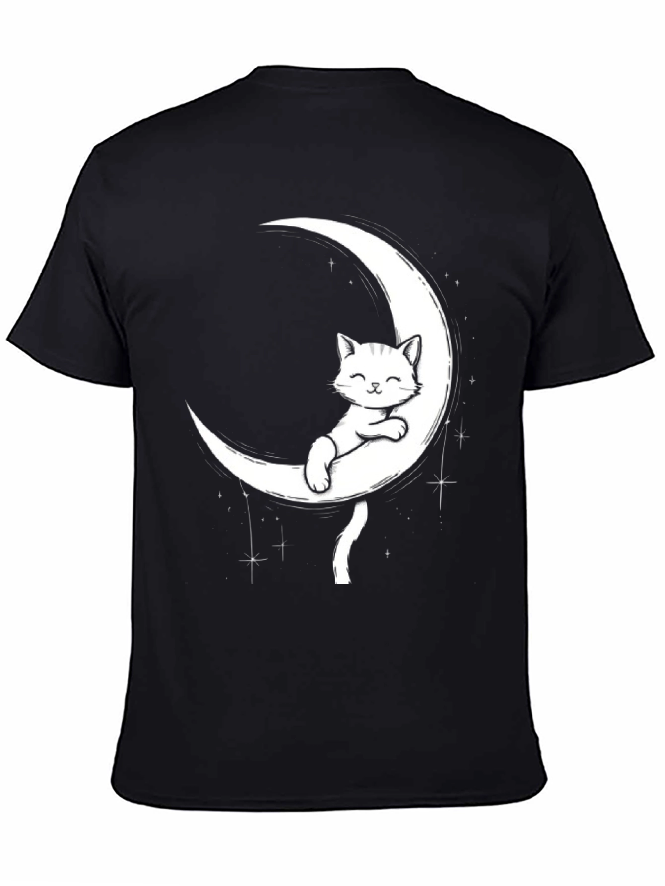 Cute Cat on Moon Graphic Tee - Black