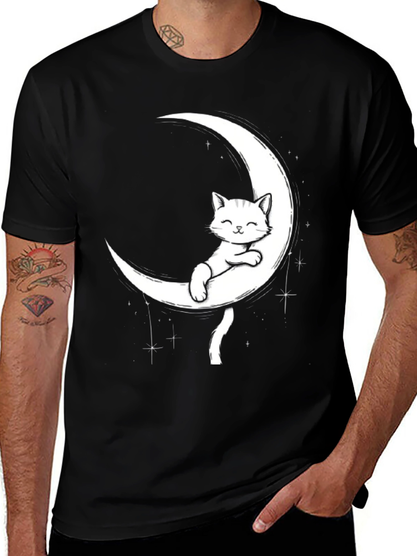 Cute Cat on Moon Graphic Tee - Black